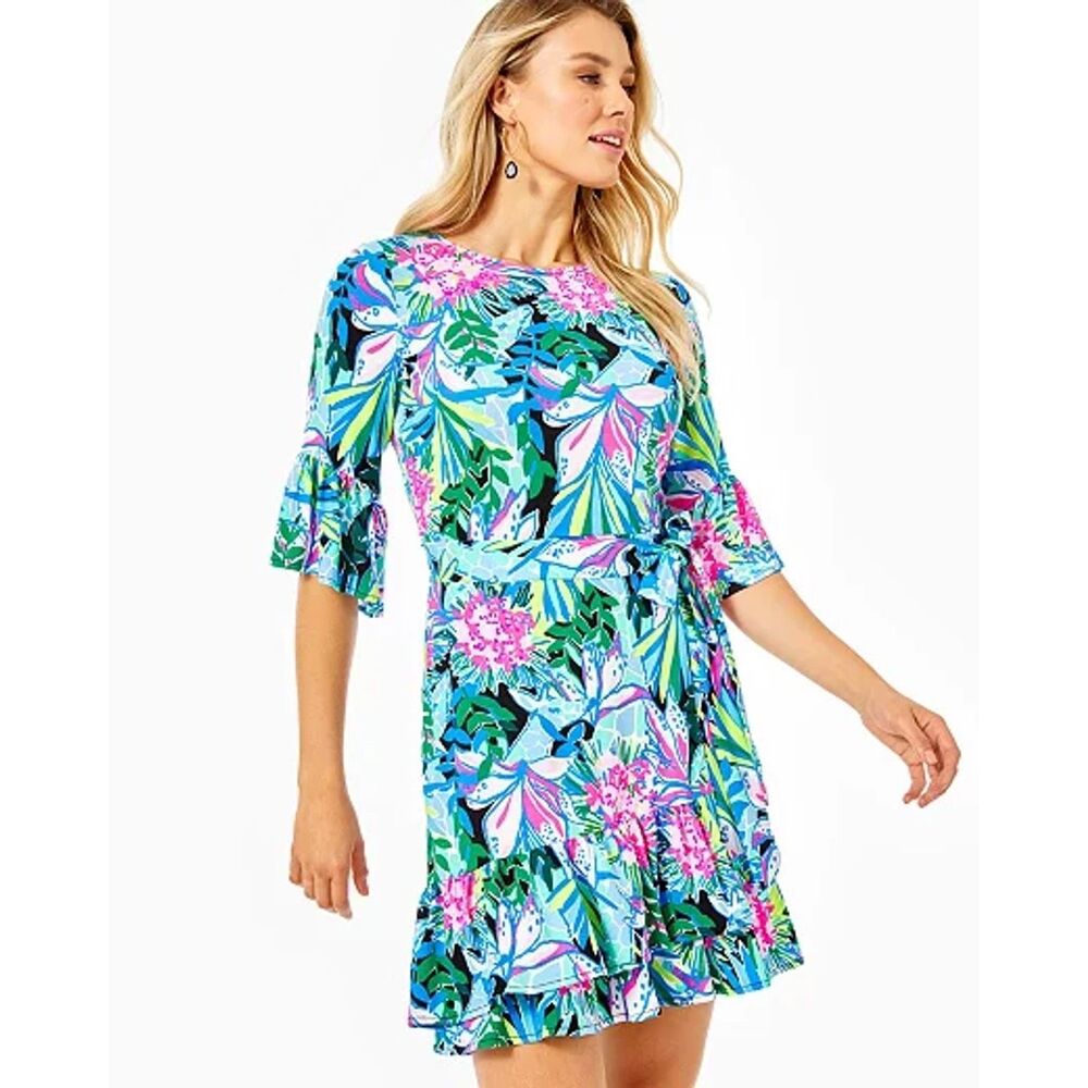 Lilly Pulitzer Kassi Wrap Ruffle Dress In Zanzibar Blue Bunny Size XS